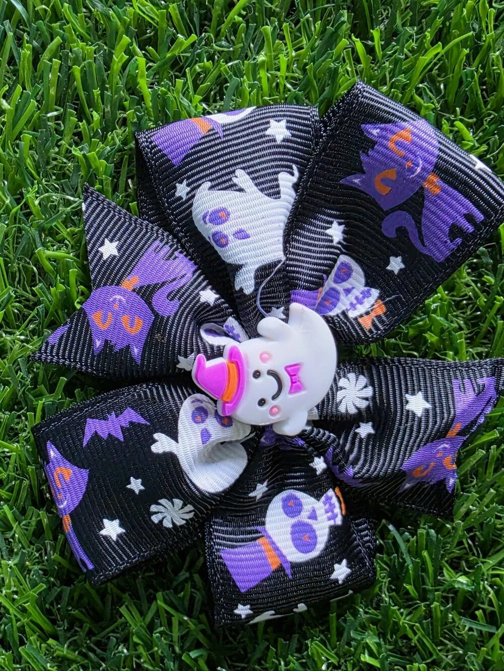 Halloween Kids Hair Bows – Orange & Black Cute Ghosts and Cats